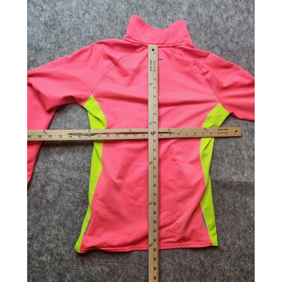 Brooks Womens Neon Pink Lime Green Quarter Zip Running Top Small Thumbholes - Picture 10 of 11